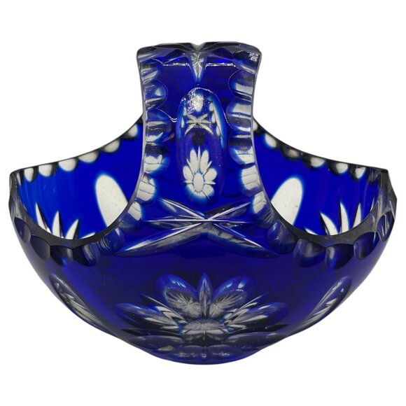 Vintage Cristal 24% Pbo Handmade Cobalt Blue Glass Basket Heavy Lead Crystal - Picture 5 of 14